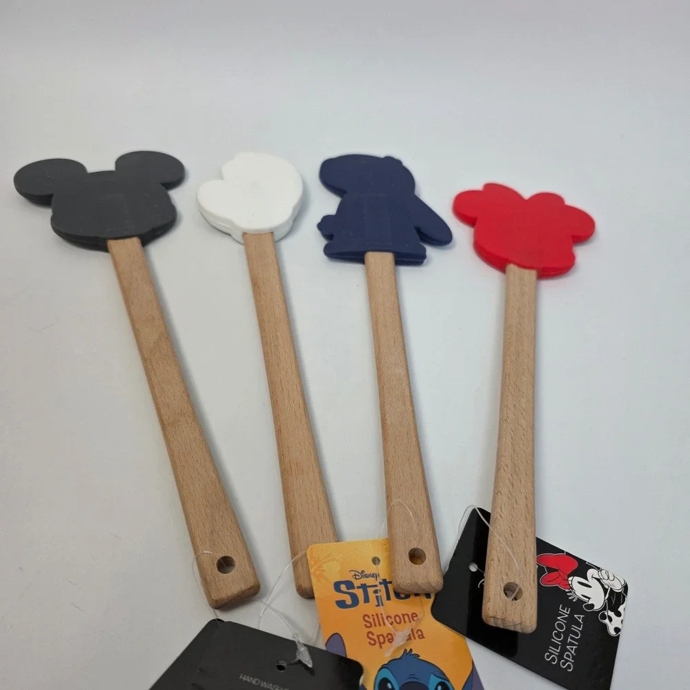 Disney Silicone Spatula Set 4pc Mickey Minnie Mouse Stitch Wood Handle New